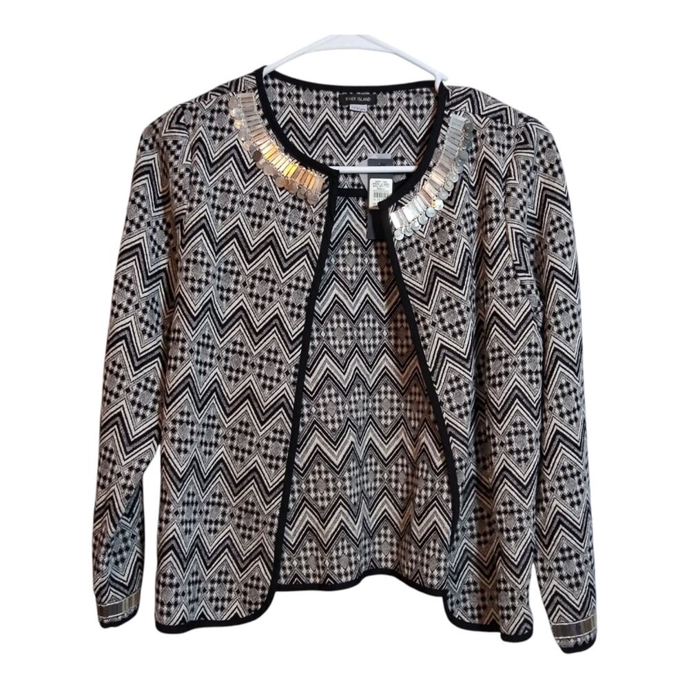 River Island Black and White Embellished Jacquard Open-front Jacket Size 11-12